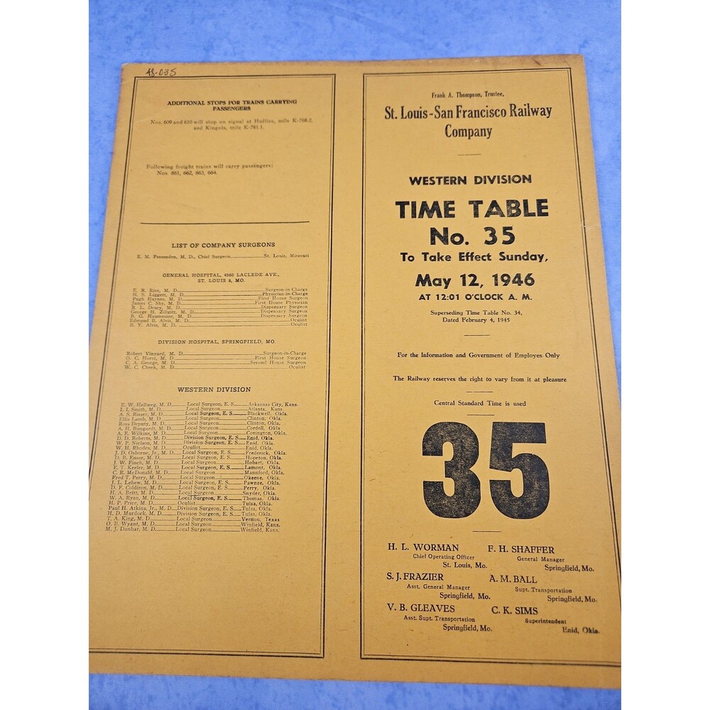 1946 St Louis San Francisco Railway Co Employee Timetable 35 Western Division